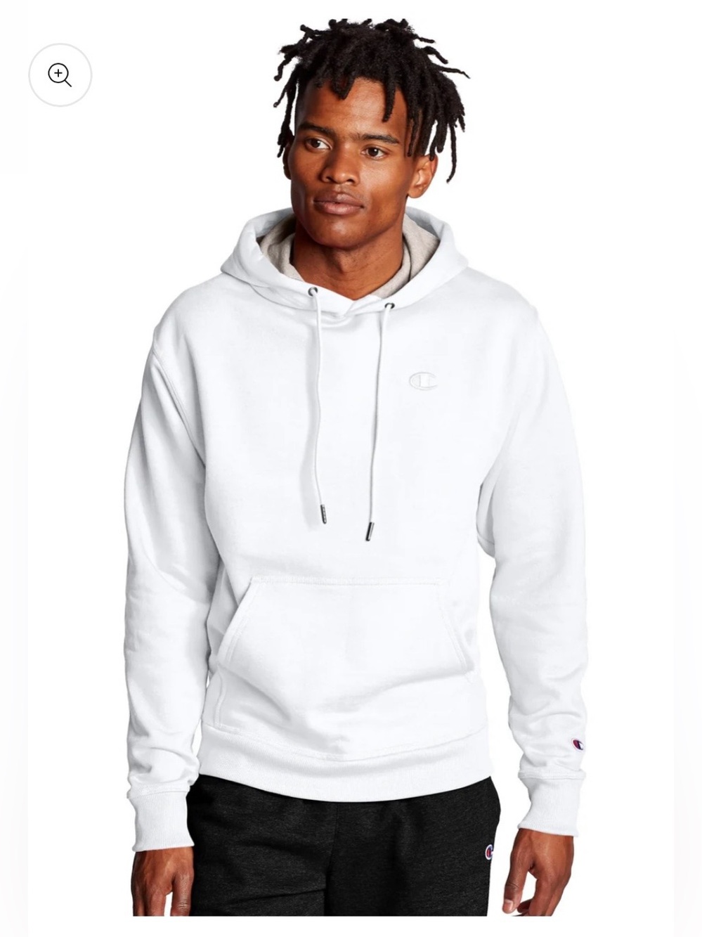 WHITE PULLOVER HOODIE; CHAMPION; XL; PowerBlend; GRAY lined hood; white C logo